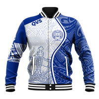 Blue and white baseball jacket with patterned graphics, white zip, striped collar and cuffs