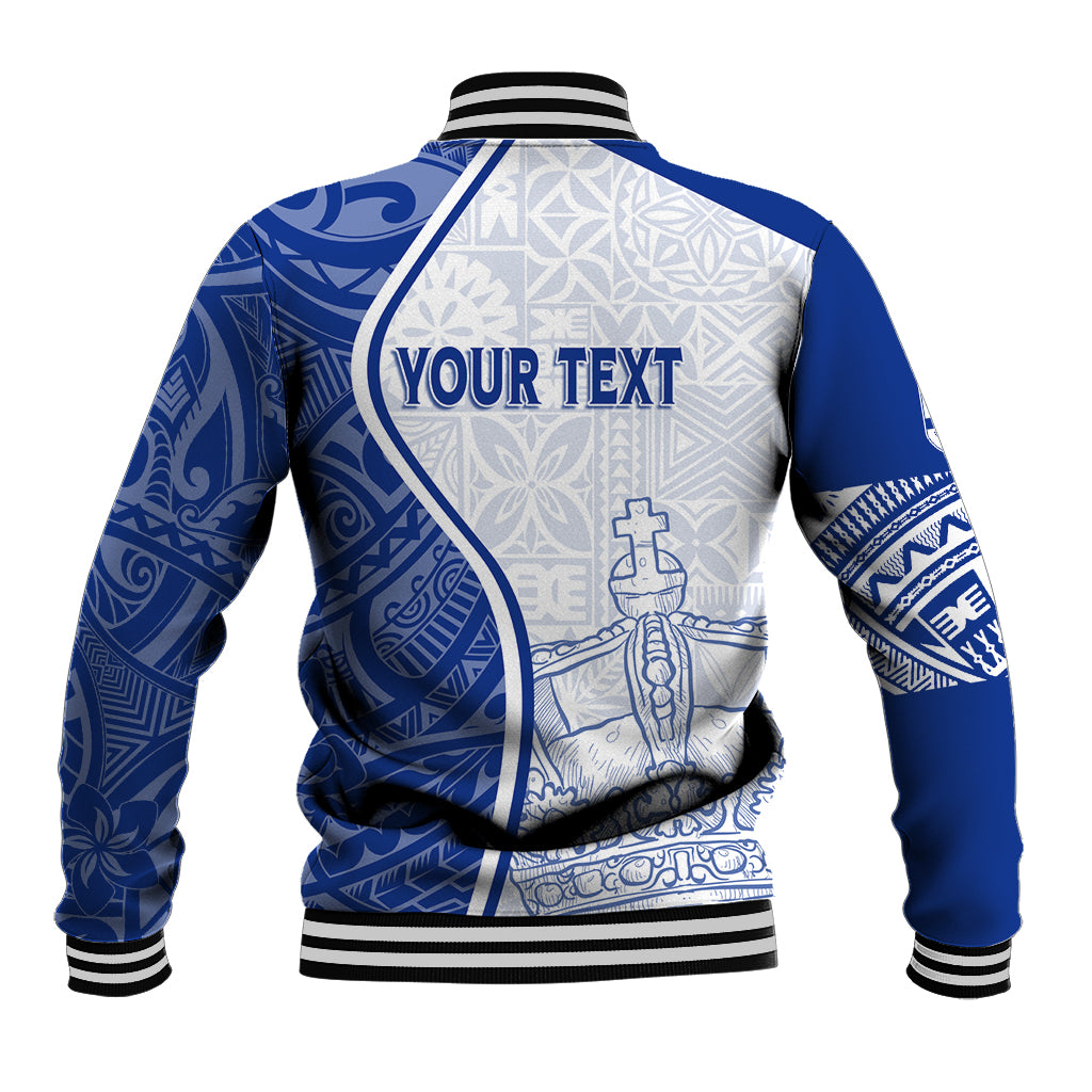 Blue and white baseball jacket, back view with 'YOUR TEXT' print, striped rib collar