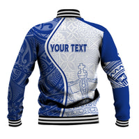 Blue and white baseball jacket, back view with 'YOUR TEXT' print, striped rib collar