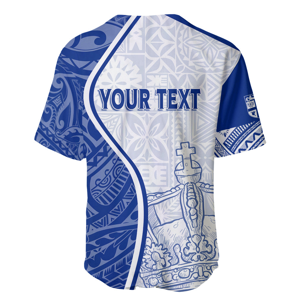 Baseball jersey with blue-and-white "YOUR TEXT" graphic, patterned panels, V-neck sleeves