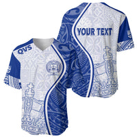 Baseball jersey in blue-and-white with QVS logo and crown artwork, short-sleeve V-neck