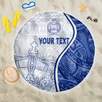 Round personalized beach blanket, white and blue with fringed edge and custom text print