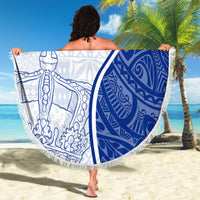 Round beach blanket held up on sand, white and blue pattern with custom text
