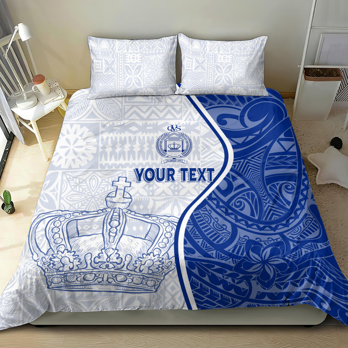 White and blue duvet cover bedding set with crown and YOUR TEXT panel, two pillowcases