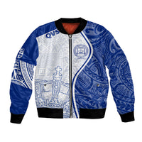 Blue and white bomber jacket with full-zip front, ribbed hem, and school crest print