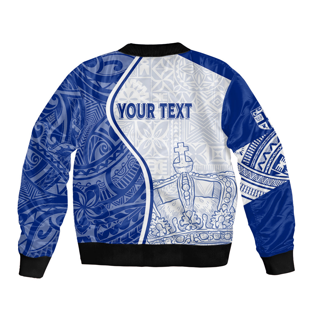 Blue and white bomber jacket with full-zip front and 'YOUR TEXT' graphic print