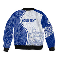 Blue and white bomber jacket with full-zip front and 'YOUR TEXT' graphic print
