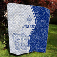 Personalized white and blue school quilt with crown and anchor motifs and a centered text panel