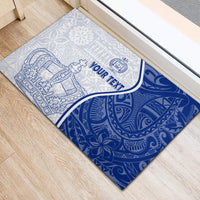 Blue and white rubber doormat with crown artwork, curved border, and your text