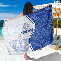 White and blue patterned personalized school sarong with crest emblem and bold text