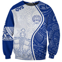 Unisex crewneck sweatshirt, white and navy, QVS crest front graphic, blue sleeves