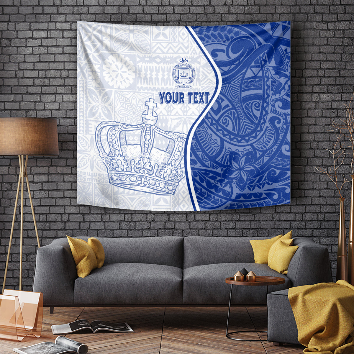 Blue and white tapestry with crown illustration and 'YOUR TEXT' panel