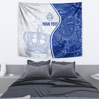 Blue and white crown tapestry with curved split design and 'YOUR TEXT' text