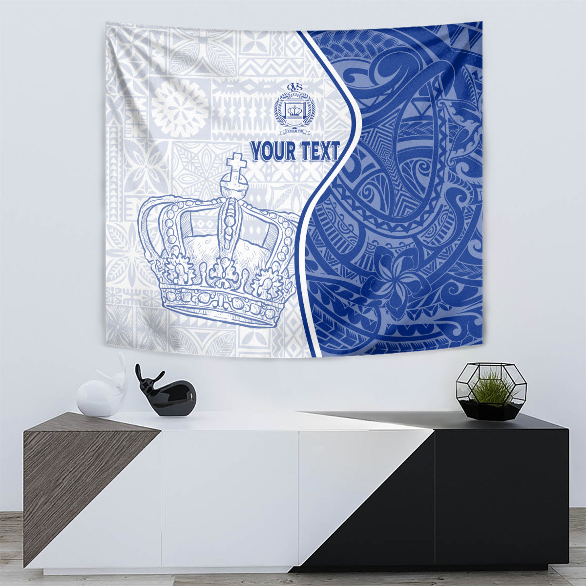 Blue and white crown tapestry with 'YOUR TEXT' and ornate decorative pattern