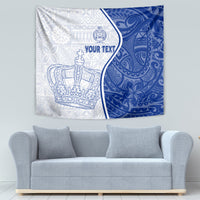 Blue and white crown tapestry with 'YOUR TEXT' and decorative filigree border