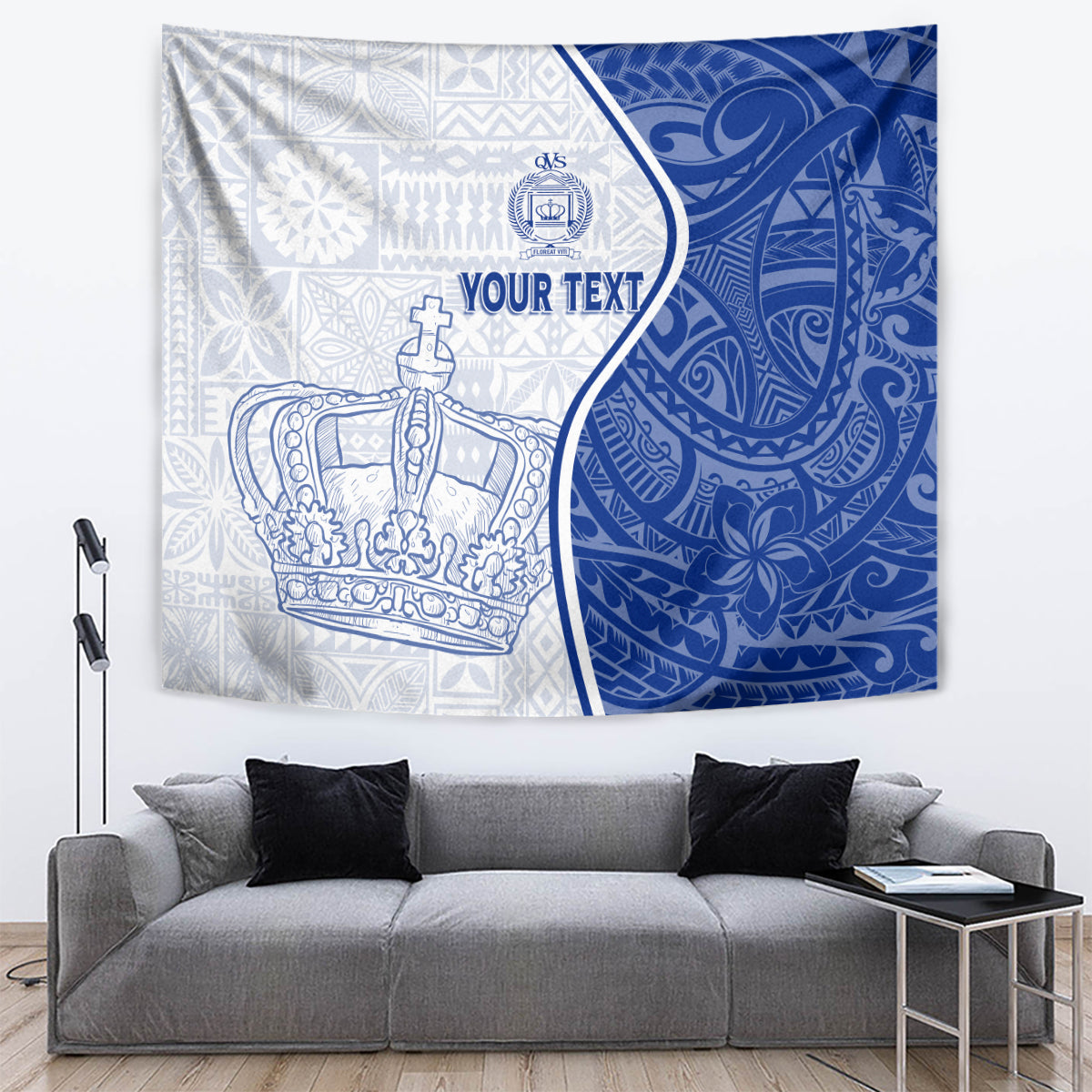 Blue and white tapestry with crown graphic and 'YOUR TEXT' lettering
