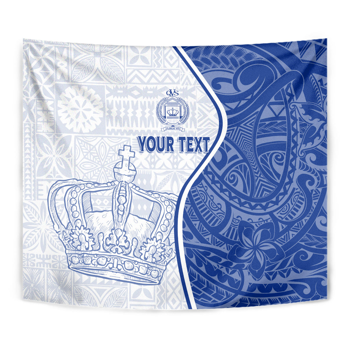 Close-up blue and white tapestry with crown artwork and 'YOUR TEXT' print