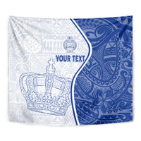 Close-up blue and white tapestry with crown artwork and 'YOUR TEXT' print