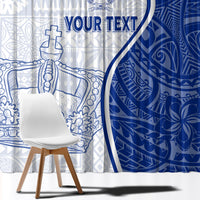 Blue and white window curtain panels with large “YOUR TEXT” and anchor-and-scroll pattern