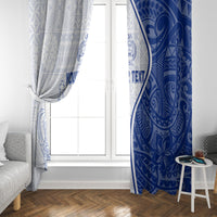 Blue and white side-hung window curtains with crown-and-cross motif and “YOUR TEXT”