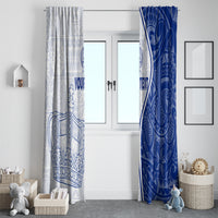 Two-tone blue and white window curtain panels with crown-and-cross design and “YOUR TEXT”