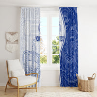 Blue and white window curtains with crown-and-cross print and “YOUR TEXT” on both panels