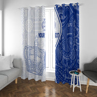 Blue and white window curtains with bold “YOUR TEXT” and crown-and-cross graphic