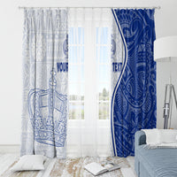 Blue and white window curtain panels with crown-and-cross motif and “YOUR TEXT”