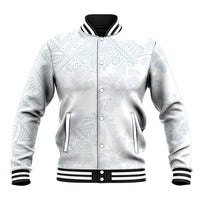 White baseball jacket with light blue tropical print, snap front, black rib trim