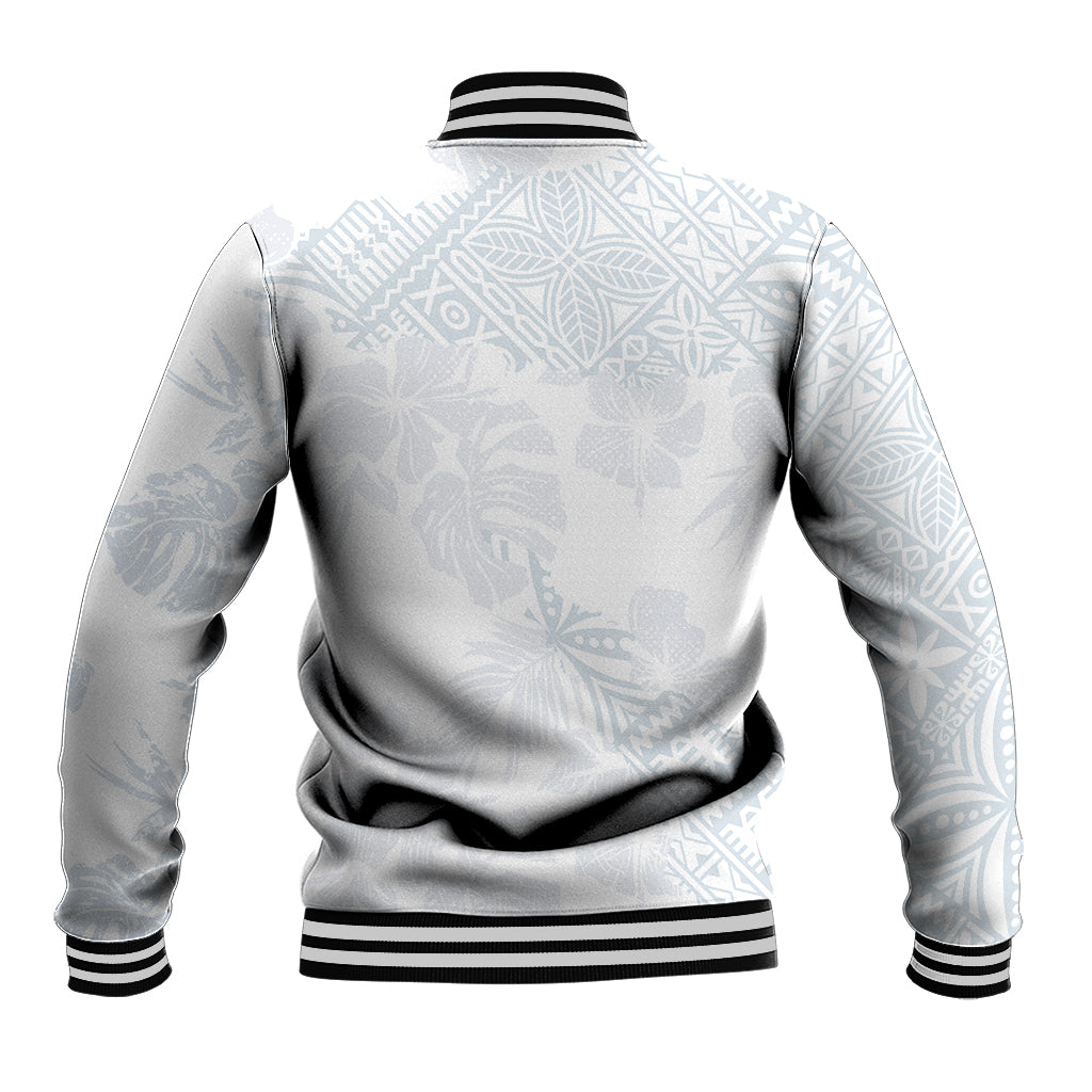White baseball jacket back view with light blue tropical print and black rib hem