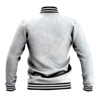 White baseball jacket back view with light blue tropical print and black rib hem