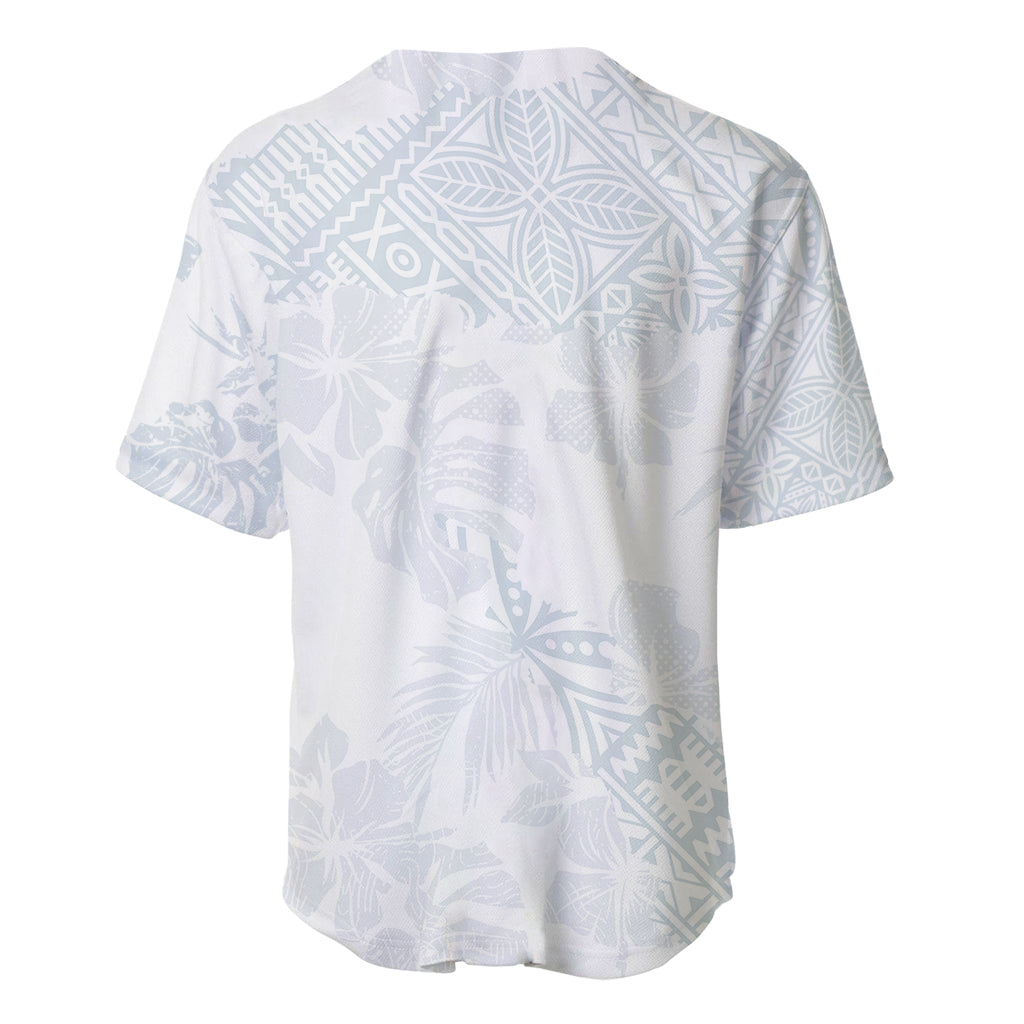 Back view of white baseball jersey with light blue tropical print, short sleeves