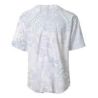 Back view of white baseball jersey with light blue tropical print, short sleeves