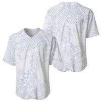 Two-pack view: white baseball jerseys with light blue tropical print, button-front, short sleeves
