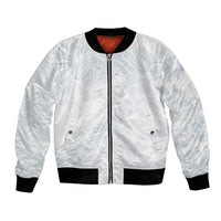 White bomber jacket with blue print, full zip, ribbed collar, cuffs, and hem