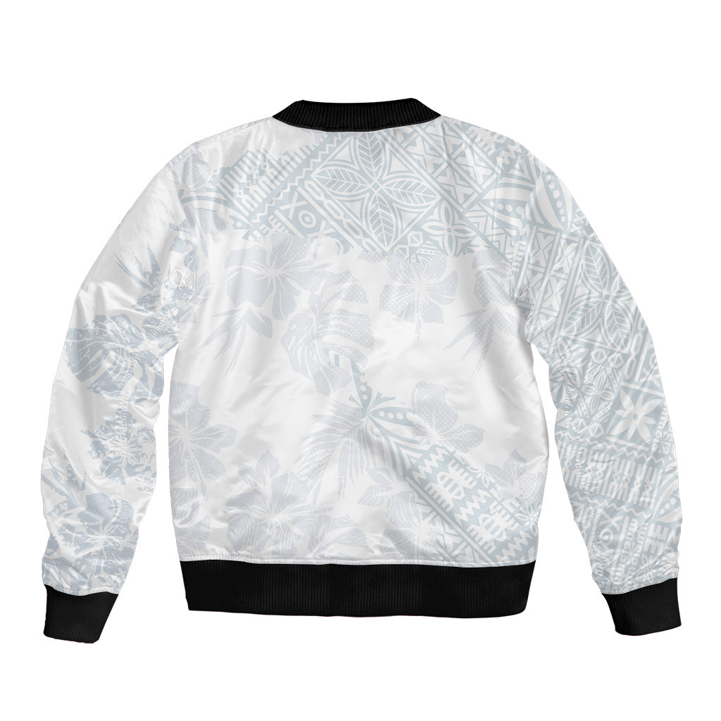Back view of white bomber jacket with light-blue pattern, ribbed collar, cuffs, hem