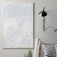 Framed canvas wall art with light blue tropical leaf and bird silhouettes on white