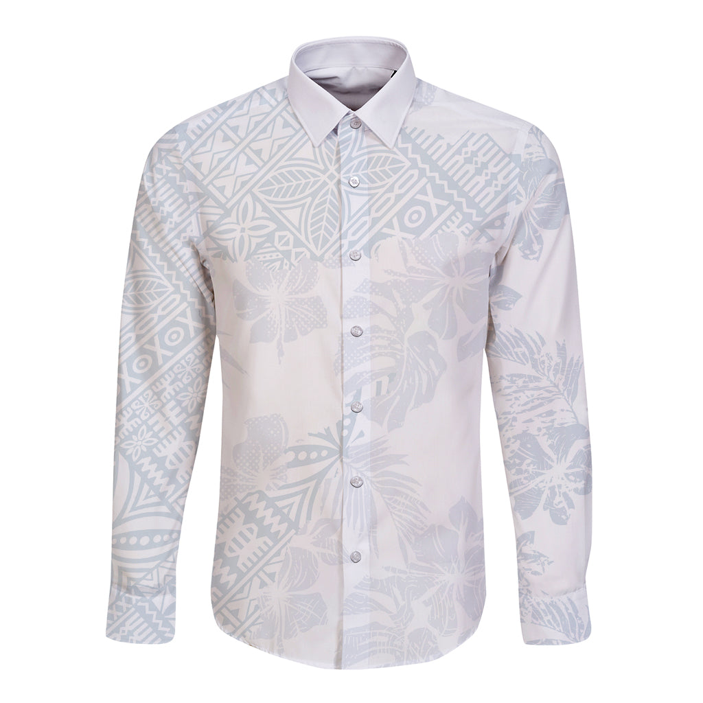 White long-sleeve button shirt with light blue tropical print, front view