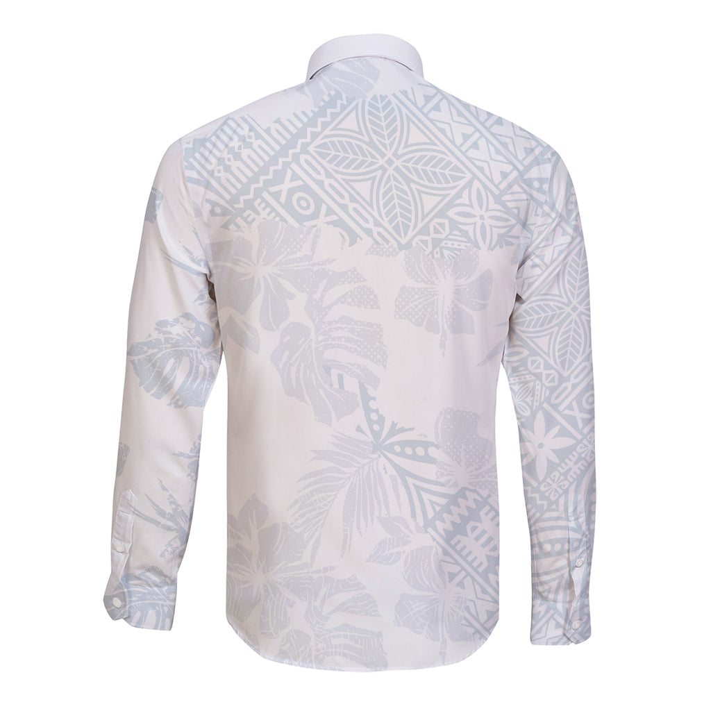 White long-sleeve button shirt with light blue tropical print, back view