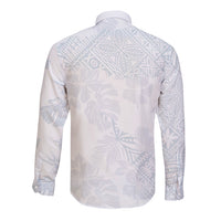 White long-sleeve button shirt with light blue tropical print, back view