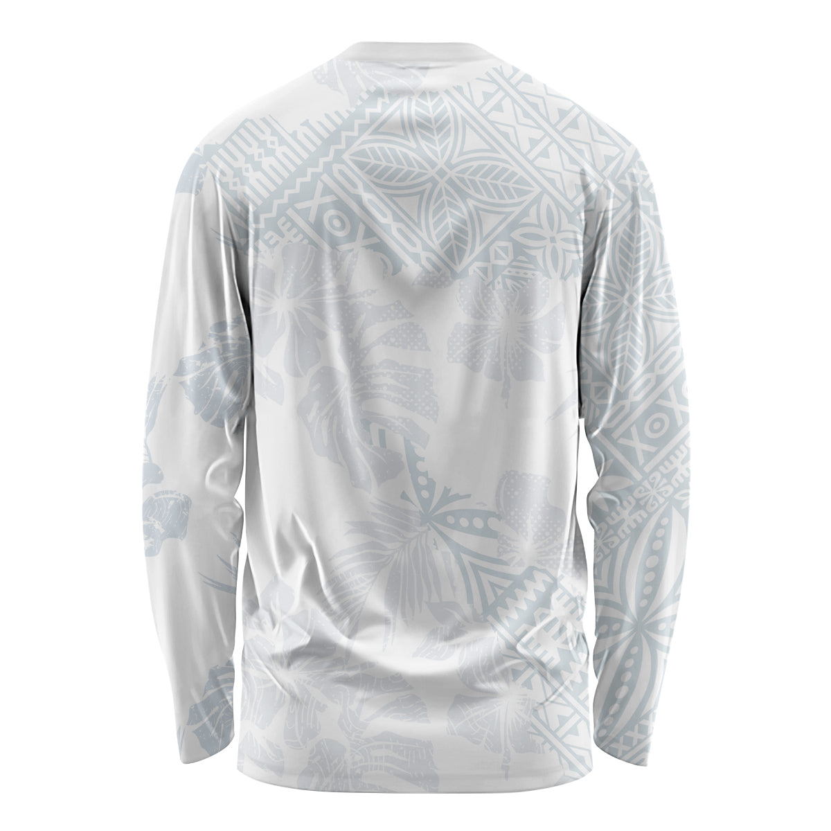White long-sleeve shirt with light blue all-over leaf and hibiscus print, back view