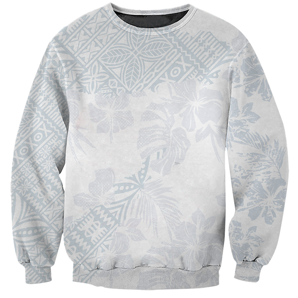 Unisex crewneck sweatshirt, white with light-blue allover hibiscus print, long sleeves