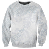Unisex crewneck sweatshirt, white with light-blue allover hibiscus print, long sleeves