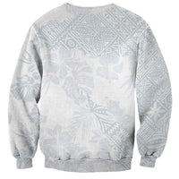 Unisex crewneck sweatshirt back view, white with light-blue allover hibiscus print