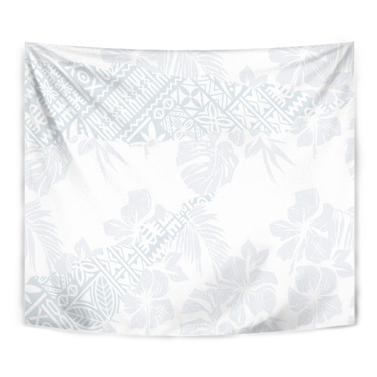 White square tapestry featuring a light blue hibiscus and leaf pattern, front view.