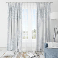White and light blue botanical curtain set with hanging rings and sheer drape