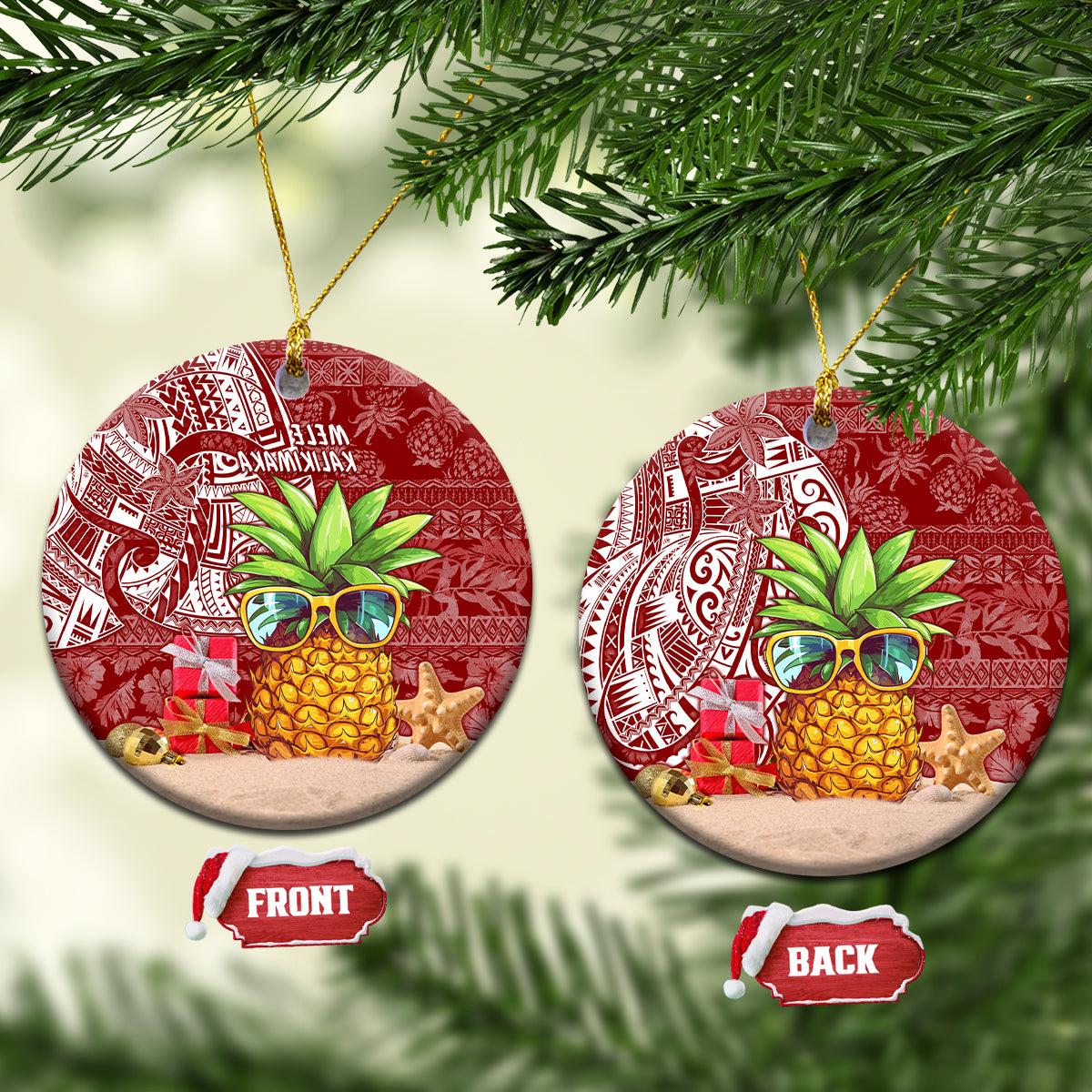 Red ceramic pineapple Christmas ornament, round disc with gold hanging loop