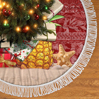 Christmas tree skirt with white fringe, pineapple and star on red fabric