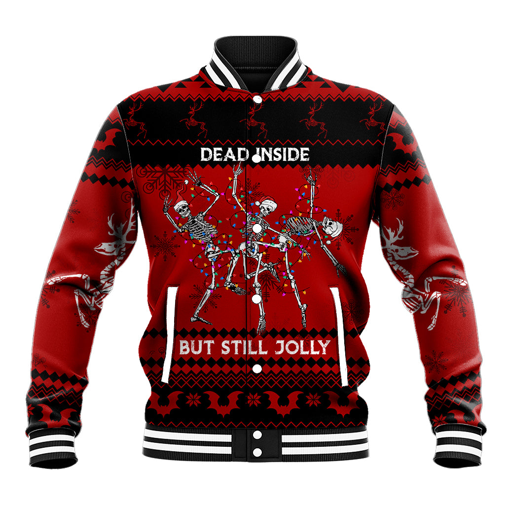 Unisex baseball jacket in red and black with skull graphic and striped ribbed collar