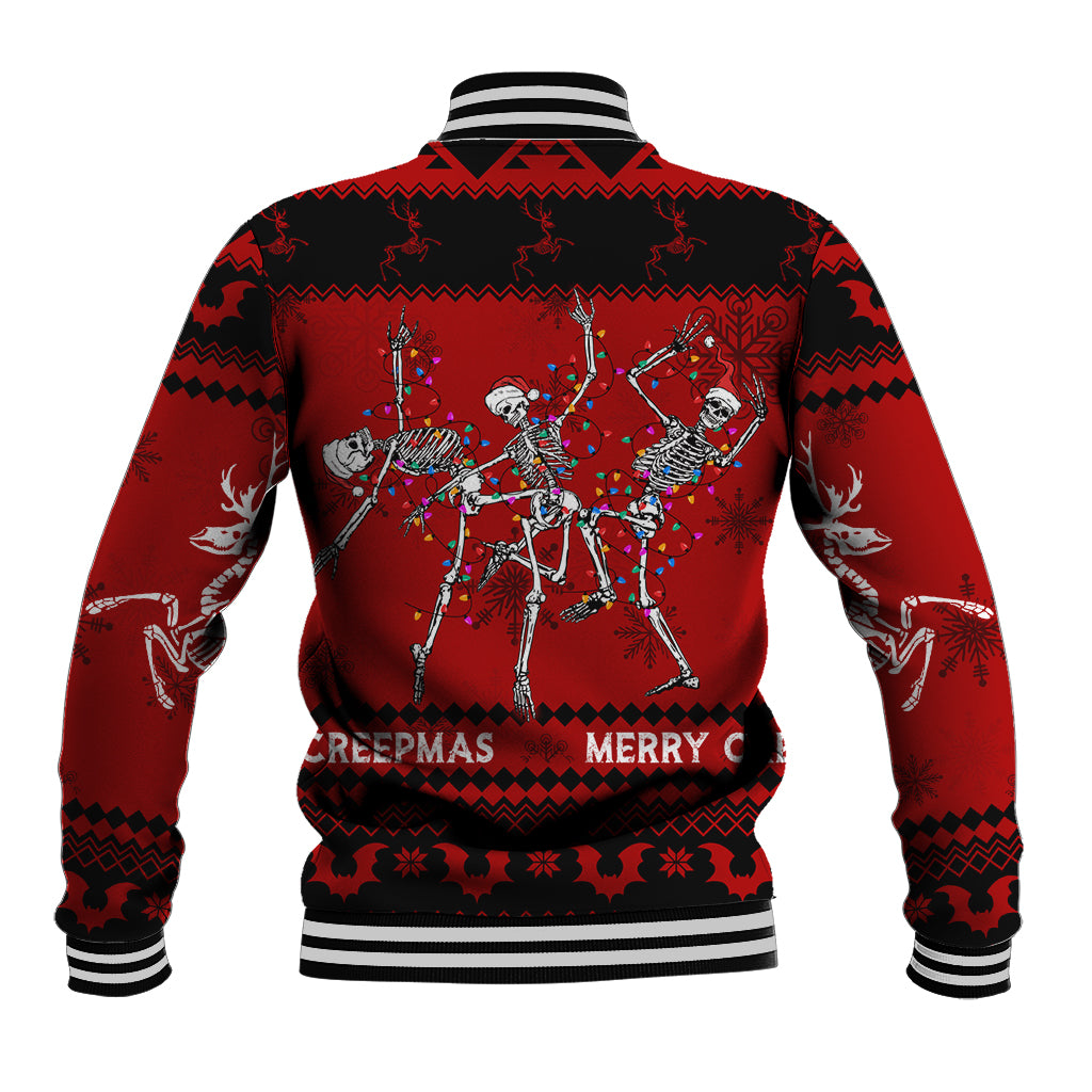 Unisex baseball jacket in red and black with back skull-and-antlers graphic, striped hem